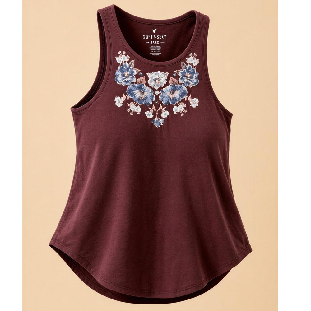 American‎ Eagle Outfitters Tank Top Womens Medium Burgundy Floral Embroidered